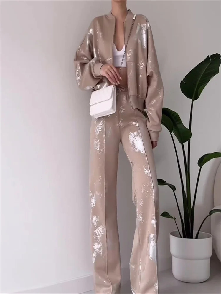 Sequined Zipper Women Coat Suit Long Sleeve Turndown Collar Lady Jacket Set 2024 Casual Sport Wide Leg Fashion Female Pant Sets 241129