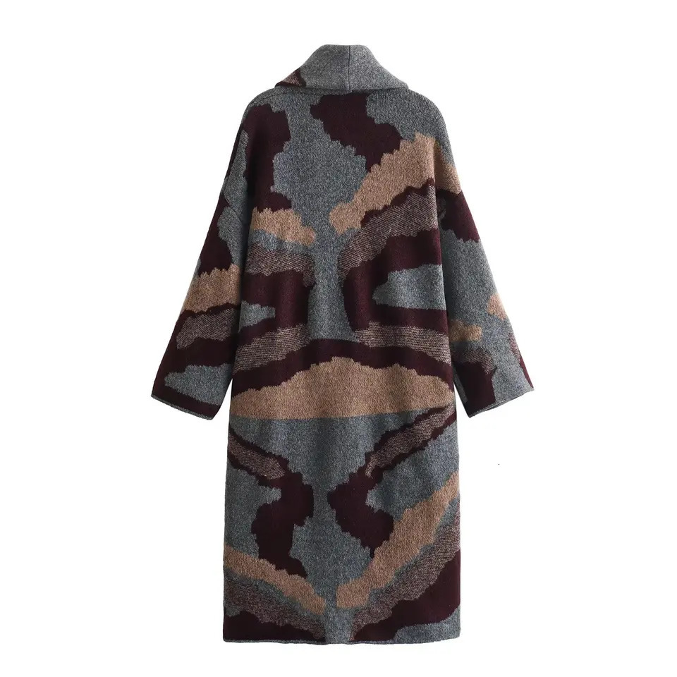 TRAF Elegant Jacquard Knitted Overcoat For Women Lapel Long Sleeves Pockets Cardigan Coat Female Street Shawl 2756105 241121