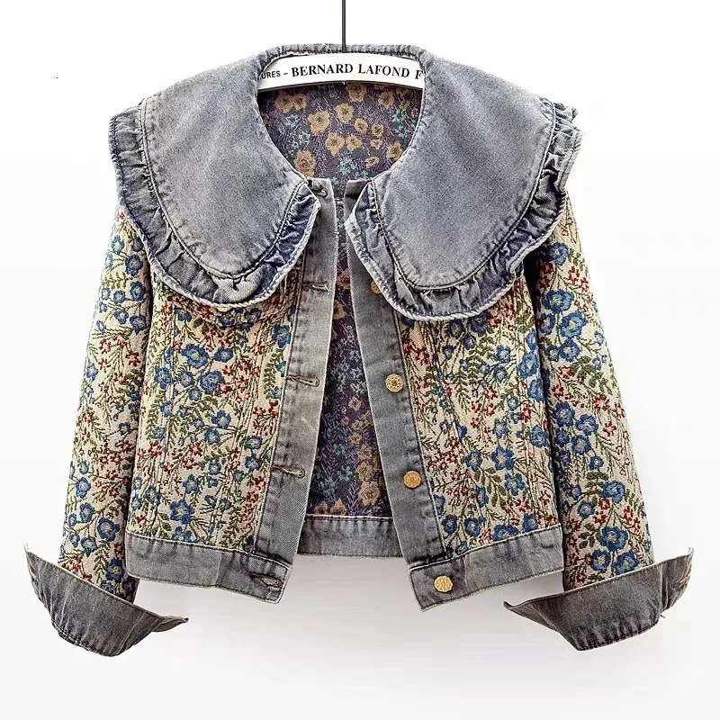 0109 Vintage Denim Jacket Women Slim Single Breasted Short Jeans Ladies Peter Pan Collar Floral Embroidery Spring Autumn 241129