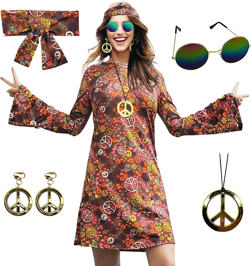 5pcs Set 60s 70s Women Hippie Costume Accessories Hippie Disco Dress Halloween Boho Flared Hippie Dress 240415