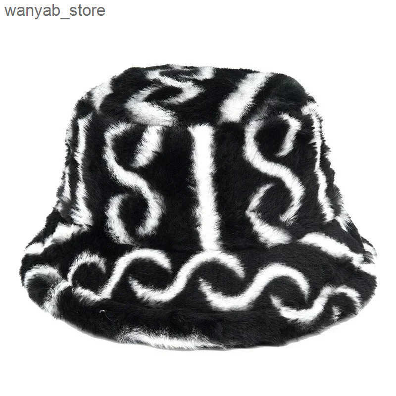 Wide Brim Hats Bucket Winter Women Fashion Print Ladies Warm Panama Hat Wool Soft Velvet Thickened Fur Rabbit Hair Outdoor Fisherman L240910