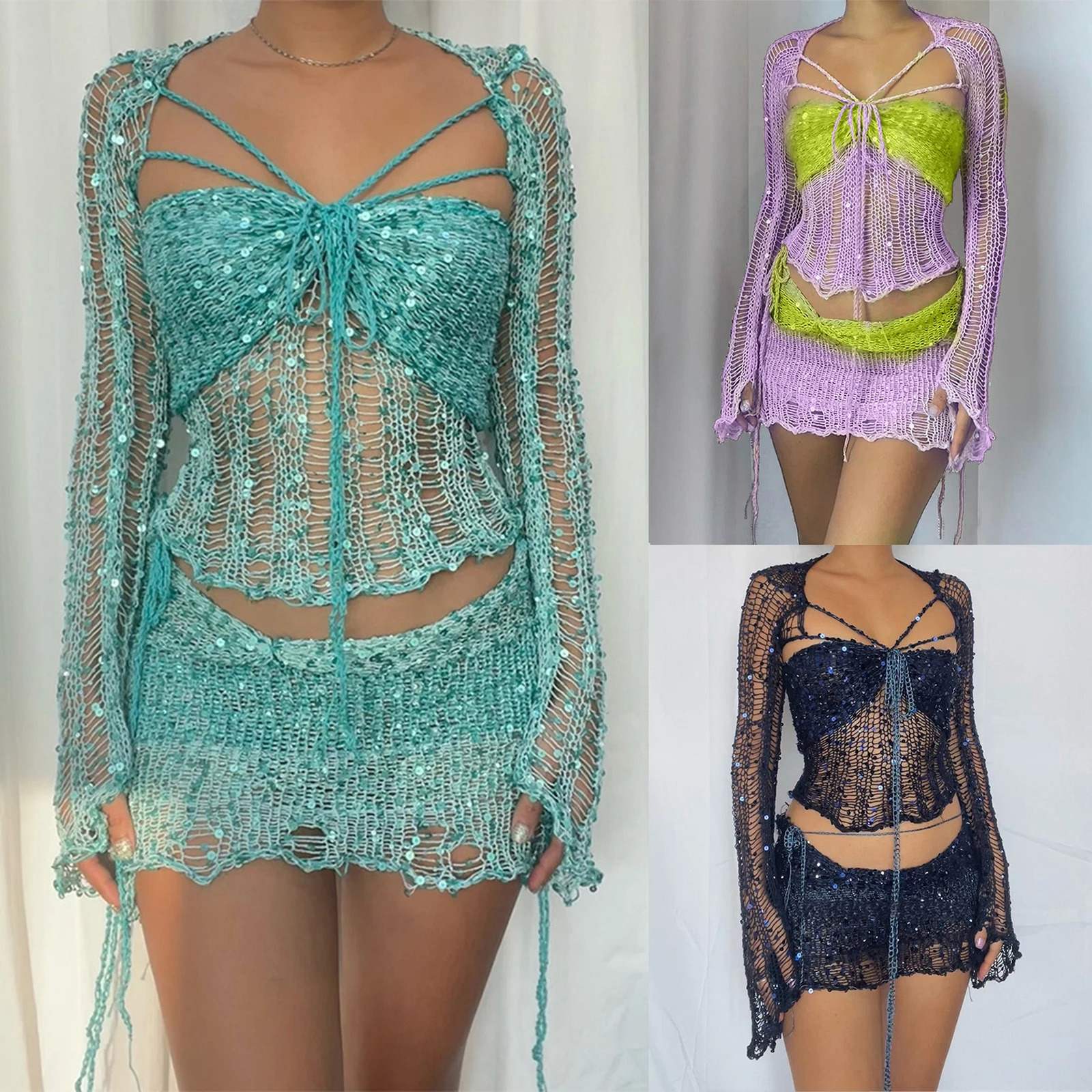 Womens Crochet Sequin 3 Piece Dress Crop Top Long Sleeve Split Knitted Y2k Fashion Summer Sequins Mini Short Skirt 240423