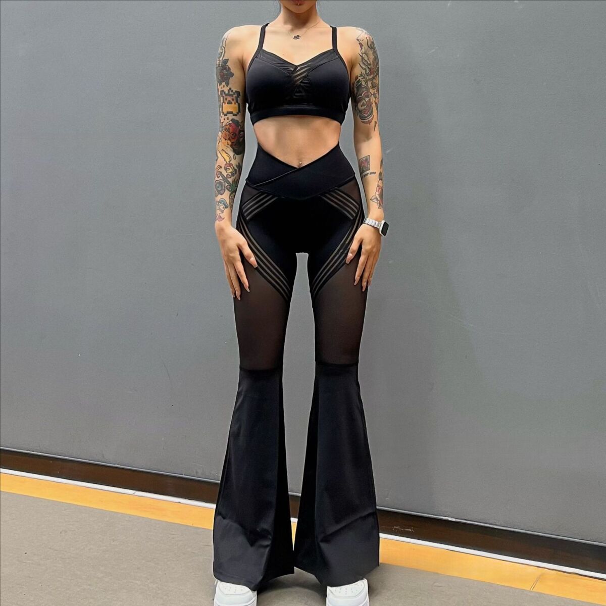 Spicy Girl Sexy Mesh Spliced Loudspeaked Pants Women's Fitness Yoga Dance High Waist Leisure Slimming