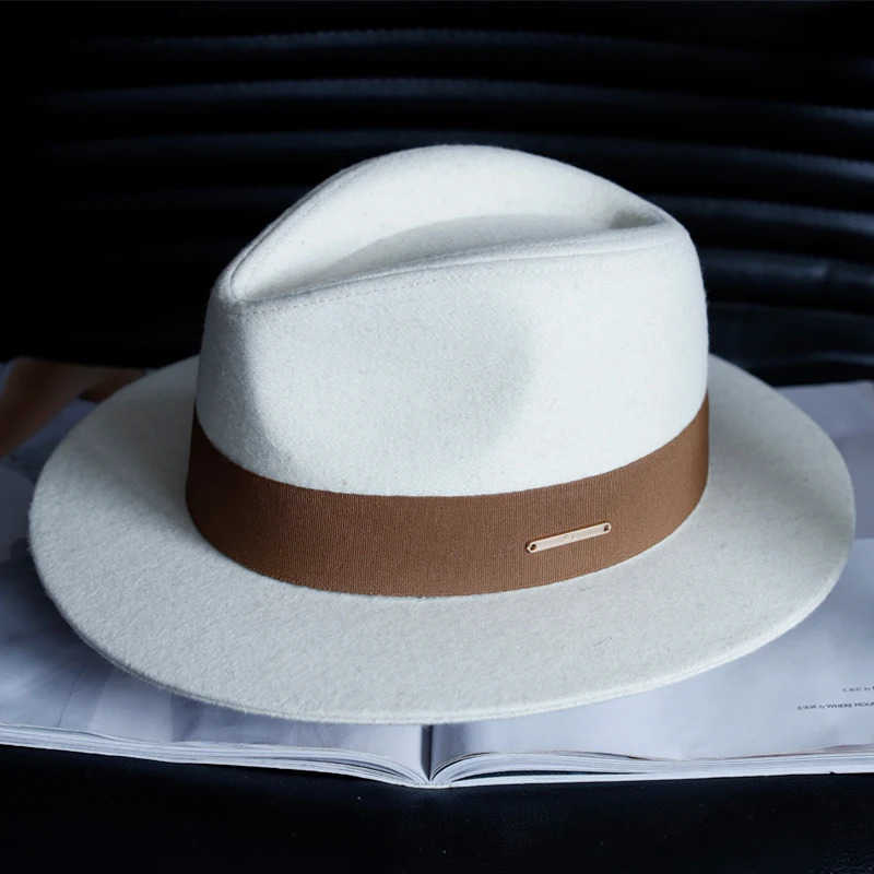 Wide Brim Hats Bucket Hats New Autumn And Winter White Woolen Top Hat For Men And Women With Big Head Round Flat Brim Felt Hat With Camel Top Hat L240
