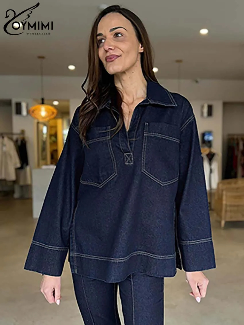 Oymimi Fashion Blue Denim Womens 2 Piece Outfit Set Elegant Long Sleeve Pockets Blouses And High Waisted Straight Trousers Sets 241129