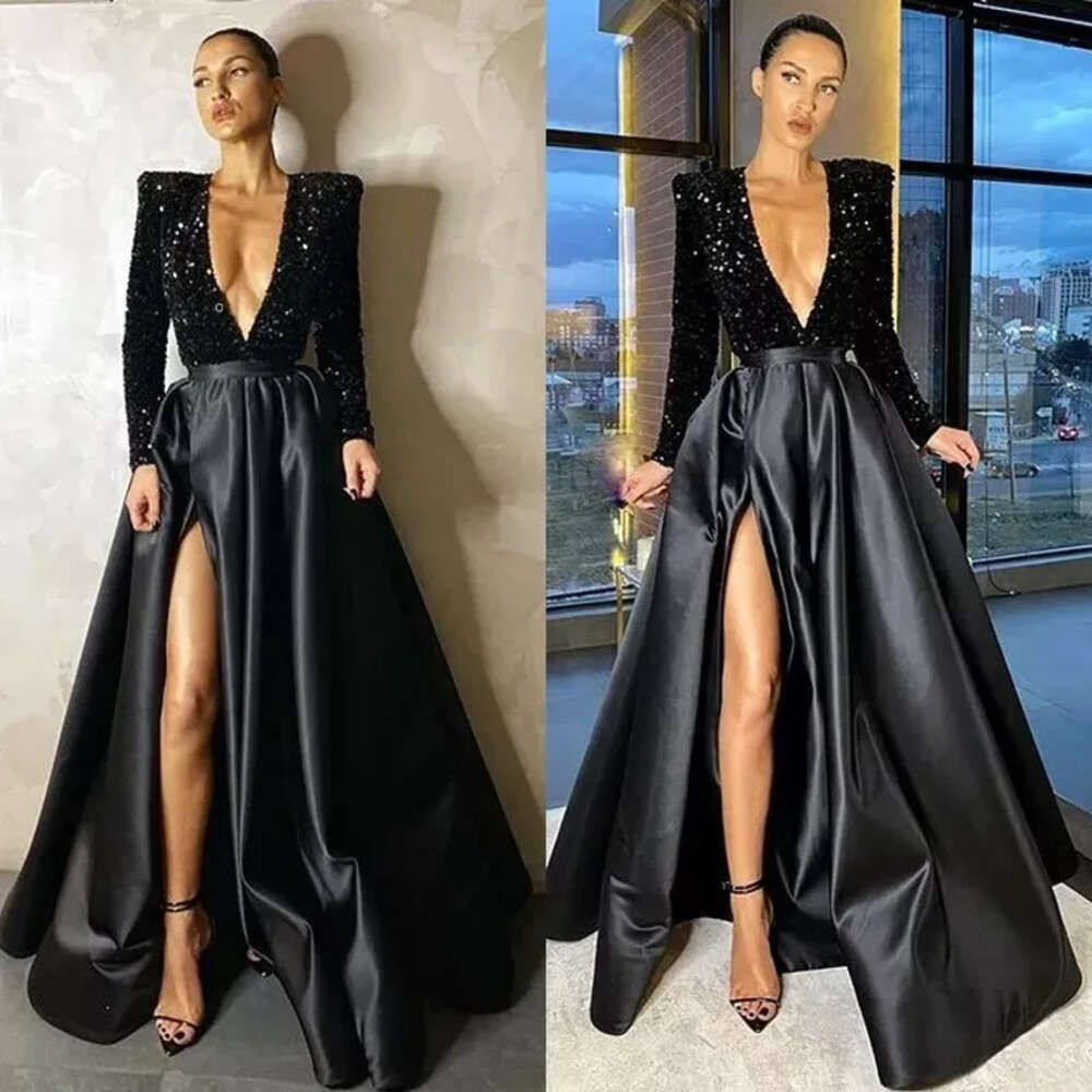 Black Sexy Split Side Bg Dresses African Long Sleeves V Neck Sequined Top A E Special Ocn Prom Gowns Evening Vestidos Estidos 6660306