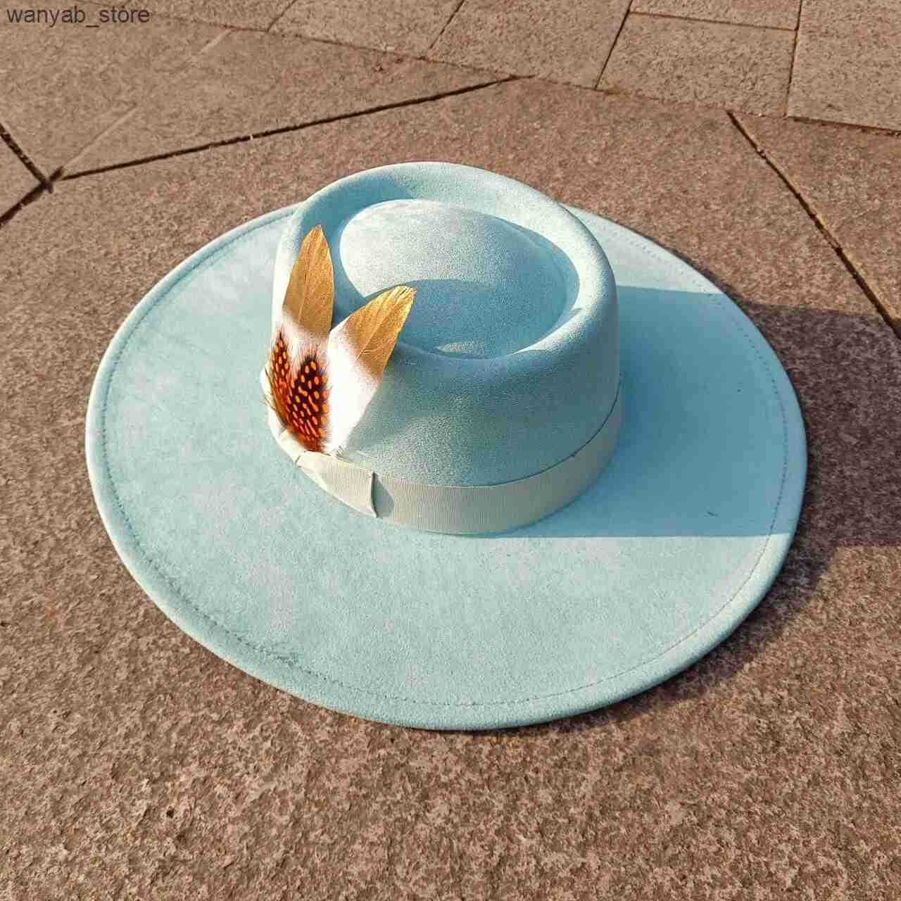 Wide Brim Hats Bucket Hats sombrero mujer fedora hat 9.5cm brim bow webbing feather accessories jazz hat men and women nubuck leather L240910