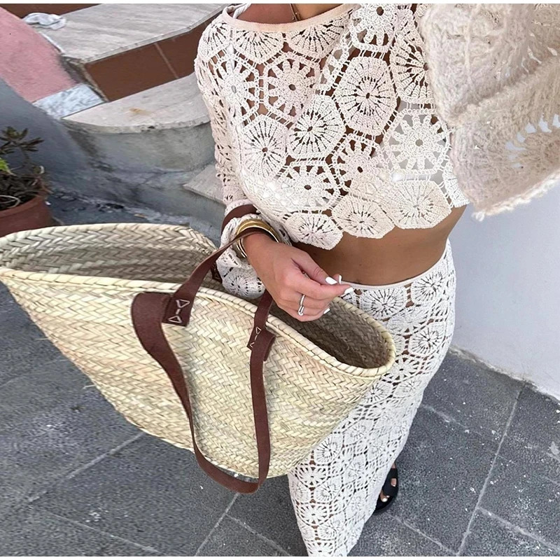 EINY Crochet Hook Knitted Hollow Out Skirt Suit Women Long Sleeve Oneck Crop Top High Waist Skirts 2 Pics Summer Lady Beachwear 241129