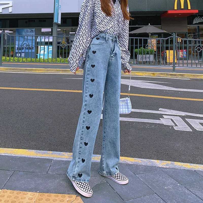Women's Jeans Retro womens straight pants blue Personty high waisted jeans with heart-shaped print ultra-thin embroidery casual pants H241130