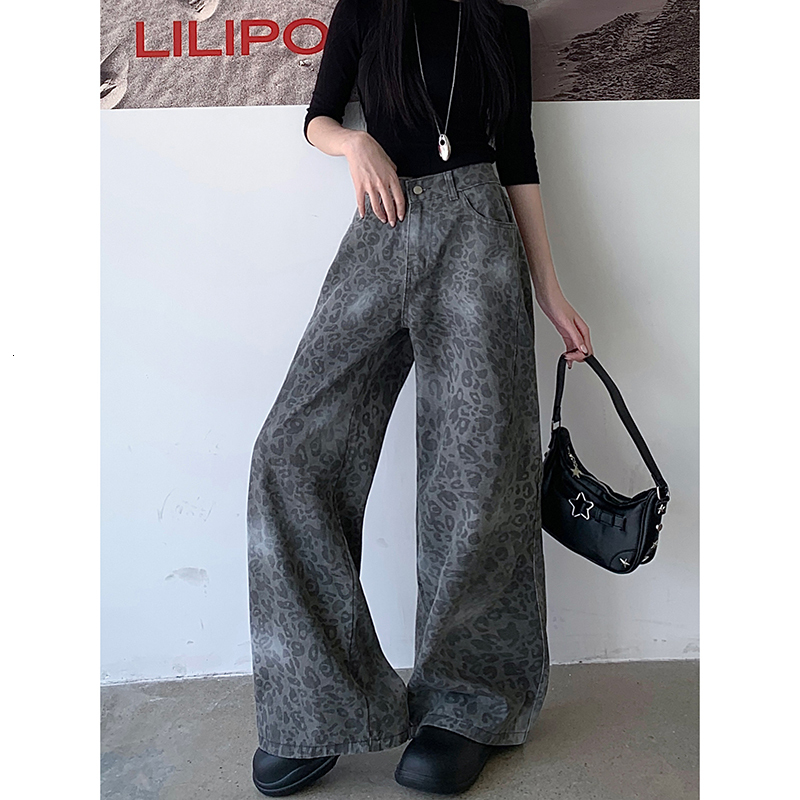 Vintage 90S Leopard Print Pantalon Femme Wide Leg Pants Women High Waist Straight Y2k Jeans Casual Fashion Korean Jean Trousers