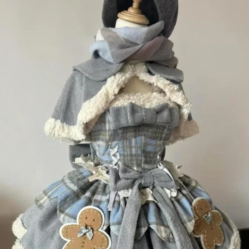Winter Japanese Sweet Lolita Gray 2 Piece Set Chic CapeCute Patchwork Dress Fashion Harajuku Kawaii Women Warm Clothes Suit 241129