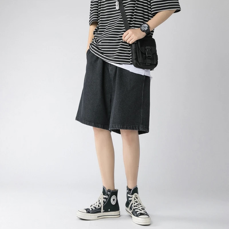 Summer Mens Baggy Straight Denim Shorts Korean Style Fashion Casual Loose Short Jeans Male Light Blue Black 240415