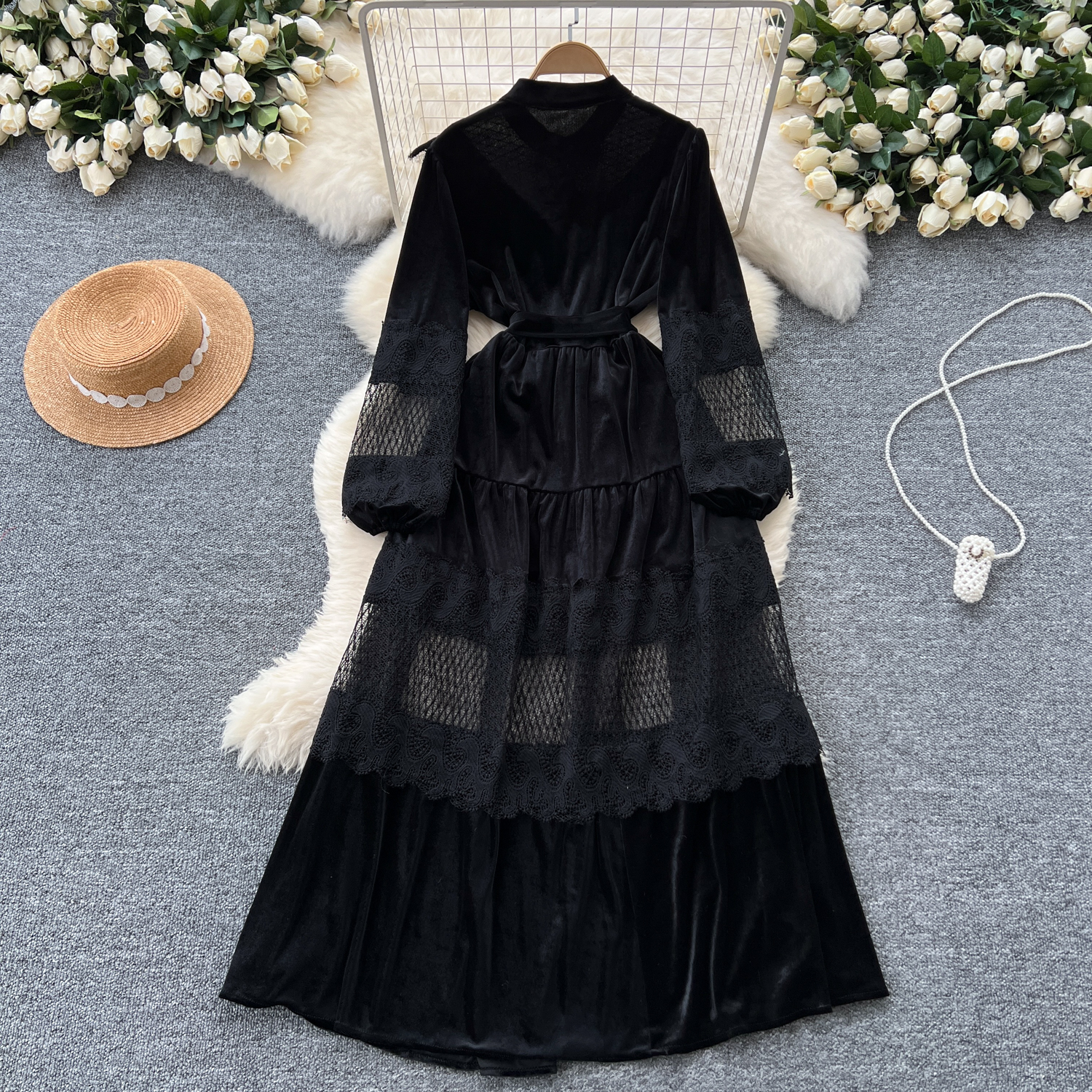 Basic Casual Dresses French Vintage Lace Embroidery Patchwork Velvet Dress Women Long Lantern Sleeve Pearl Buttons Lace Up Wedding Party Prom Vestido