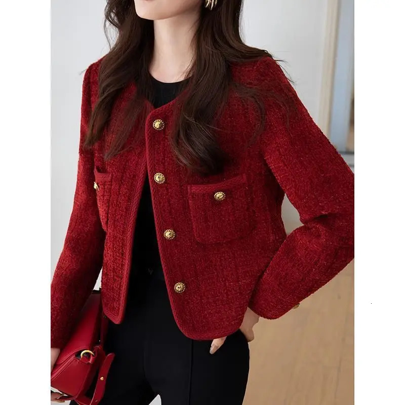 Vintage Tweed Jacket Women Autumn Red Single Breasted Short Coats Female Pockets Elegant Thickened Warm Female Lady Coat Mujer 240201
