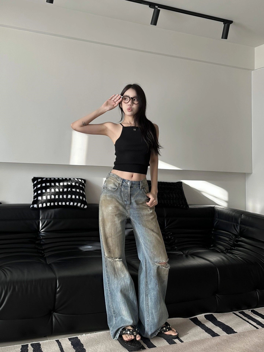 Original AC Casual Pants Dyed Washed Blue Jeans Casual Flared Long Pants for Men Loose Multi Pocket Workwear Pants