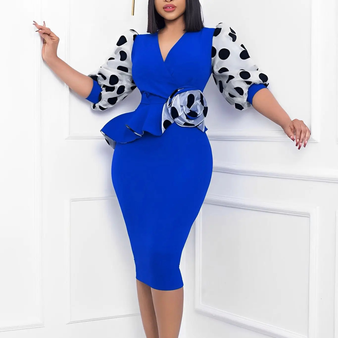 Fashion Polka Dot Bodycon Midi Dress Women Elegant Mesh Puff Sleeve Ruffles High Waist Slim Office Party Dresses Female Clothes 240126