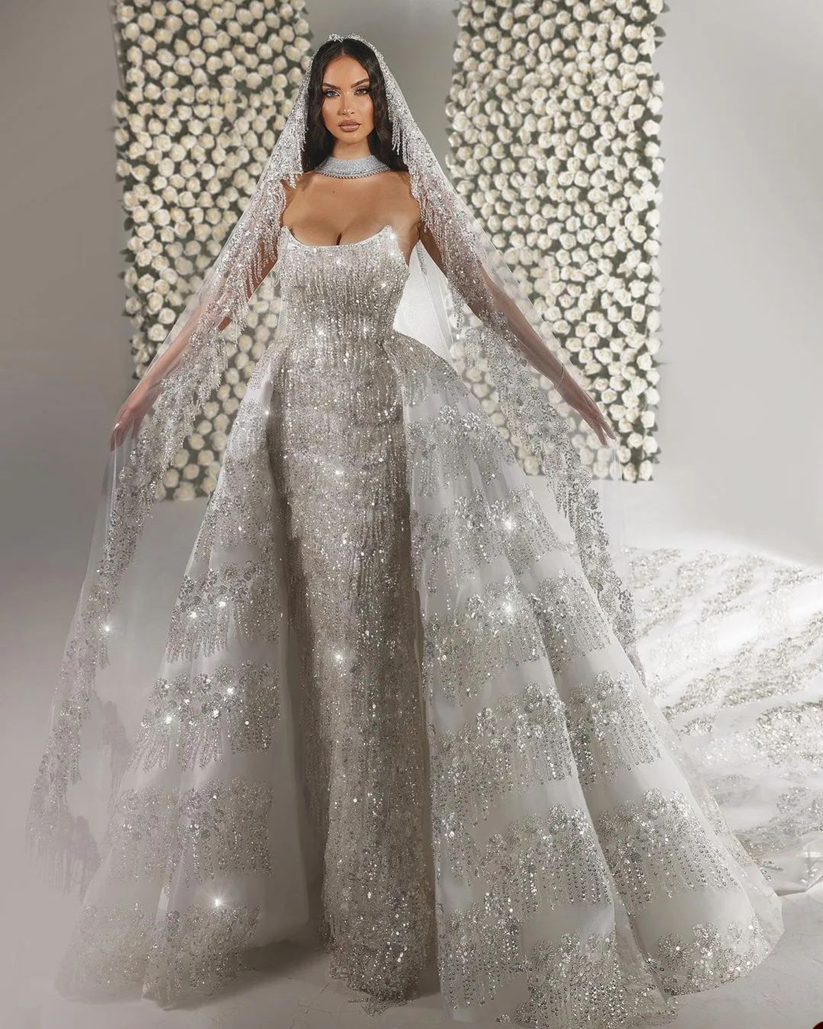 Glitter Mermaid Wedding Dresses Pearls Bridal Gowns with Overskirts Sequins Tassel Strapless Custom Made Sweep Train Bride Dresses