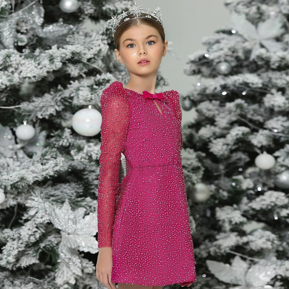 Glitter Short Flower Girls Dresses with Detachable Train Jewel Neck Long Sleeve Kids Pageant Dress 2024 Bow Tie Mini Child Birthday Photography Gown