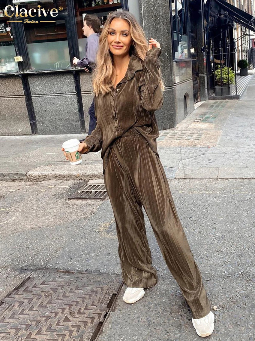 Clacive Casual Loose Shirts Pants Set Woman 2 Pieces Elegant Brown High Waist Pant Suits Fashion Pleated Home Wide Trouser Suits 240129