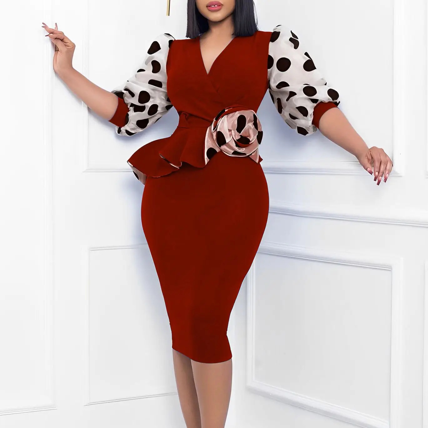 Fashion Polka Dot Bodycon Midi Dress Women Elegant Mesh Puff Sleeve Ruffles High Waist Slim Office Party Dresses Female Clothes 240126