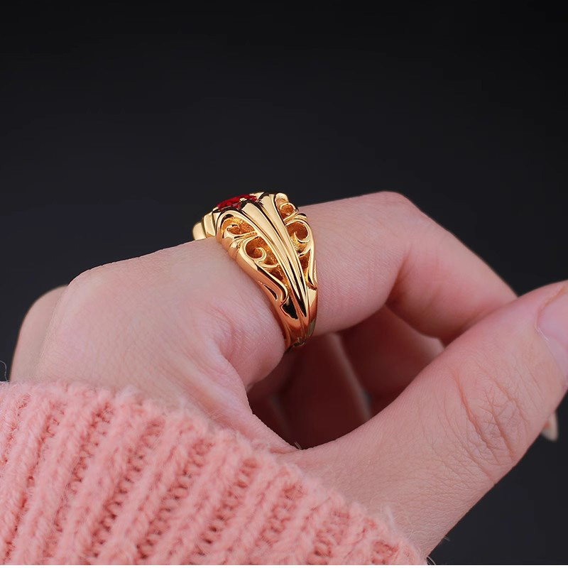 A175 S925 Sterling Silver Ring with Gold Plated red Diamonds and Cross Flower Letters, Simple and Trendy Hip Hop Retro Couple Jewelry Gifts for Lovers