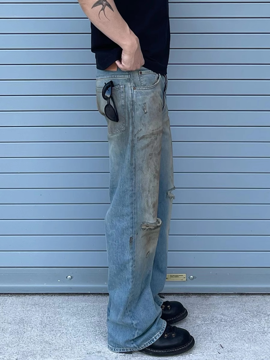 Original AC Casual Pants Dyed Washed Blue Jeans Casual Flared Long Pants for Men Loose Multi Pocket Workwear Pants