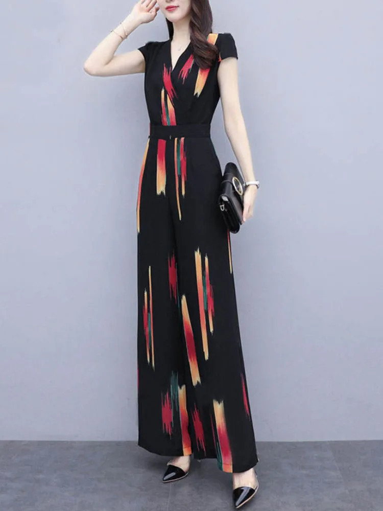 Women Summer Fashion Bodysuits Elegance Casual Jumpsuits V-neck Print High Waist Wide Leg Pants Ladies Playsuit Rompers 240129