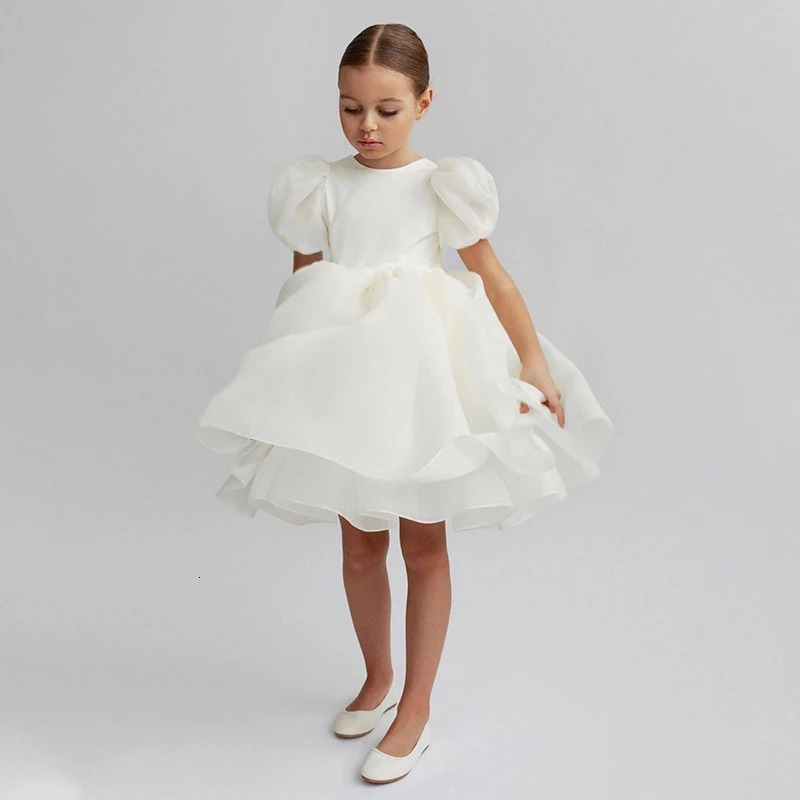 Flower Girls White Dresses for Wedding Backless Elegant Kids Birthday Party Gala Dress Puff Sleeve Children Communion Costume 240130