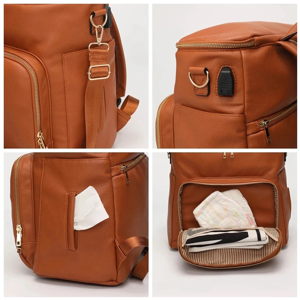 PU Leather Diaper Bag Backpack Large Capacity Travel Carry Bag Maternity Bag Stroller Organizer Nappy Changing Bags Diaper pad 240130