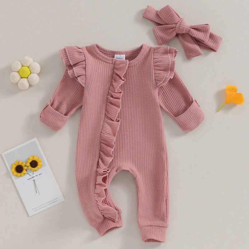 Spring Autumn Baby Solid Color Romper Girls Soft Oneck Long Sleeve Ruffled Jumpsuit with Bow Headband Kids Clothes Baby Costume 240118