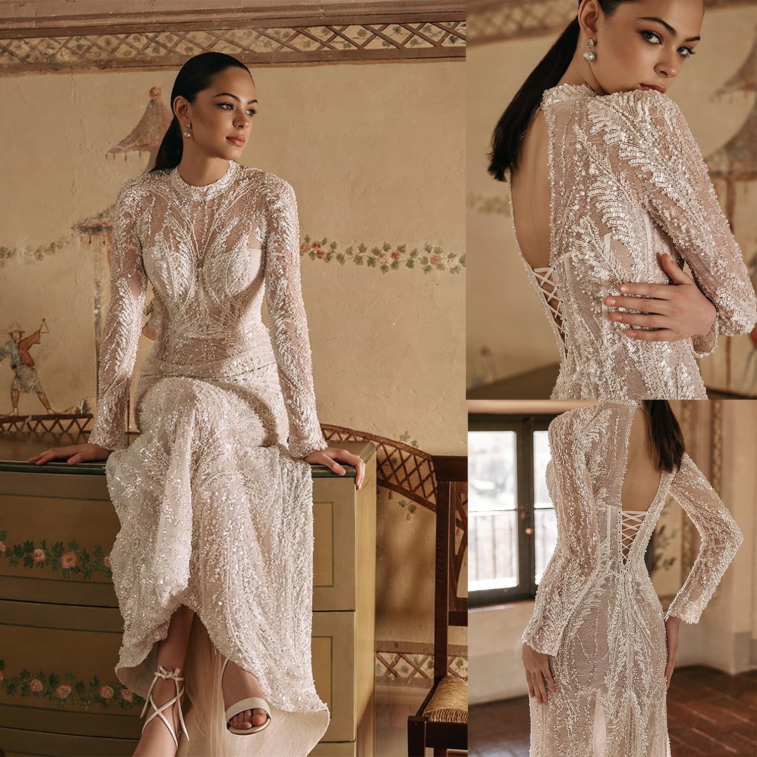 Exquisite Mermaid Wedding Dresses O Neck Sequins Pearls Backless Lace Up Floor Length Custom Made Plus Size Sexy Bridal Gown Vestidos De Novia