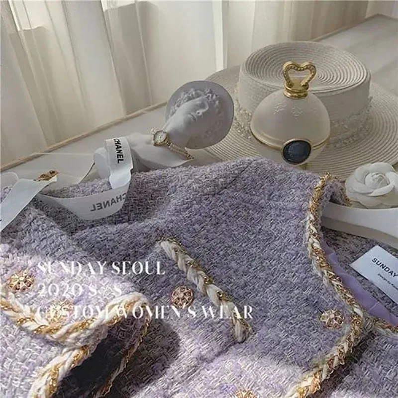 Womens Clothing Autumn Jackets Fragrance High-End Cardigan Plush Lavender Purple Coarse Tweed Chain Short Top Coats 240201