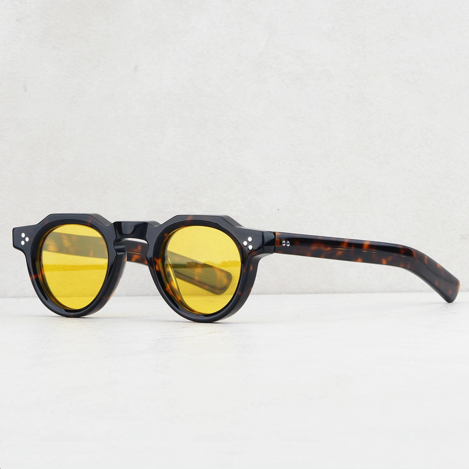 Fashion Vintage Sunglass Thick Solid Acetate Frame Stereo Cutting UV400 Polarized Lens Retro Small Round Women Man High Quality 240201