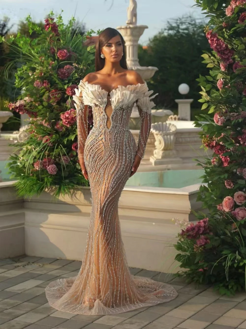 Black Girls Mermaid Wedding Dresses Off Shoulder Lace Appliques Robe De Soiree Boho Bridal Gowns Beads Nude Bride Dress 0505