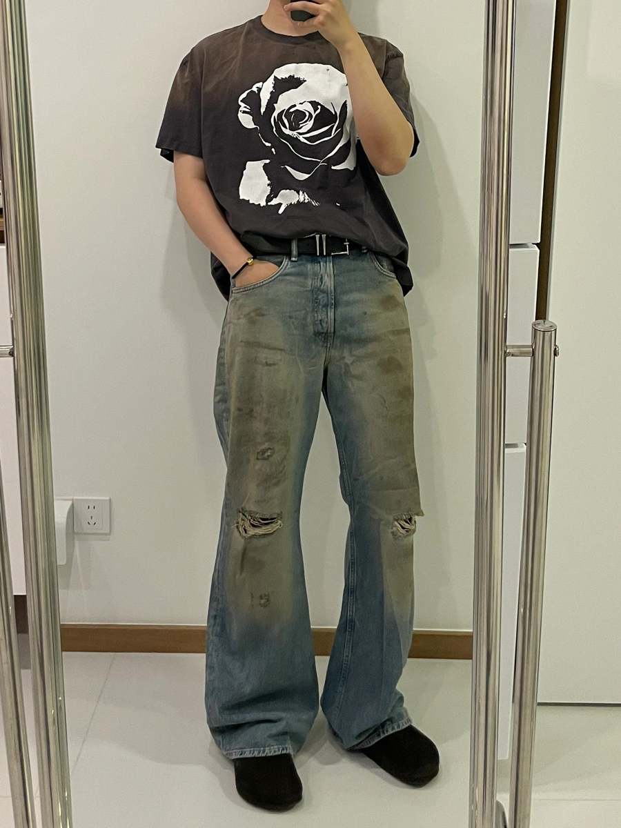 Original AC Casual Pants Dyed Washed Blue Jeans Casual Flared Long Pants for Men Loose Multi Pocket Workwear Pants