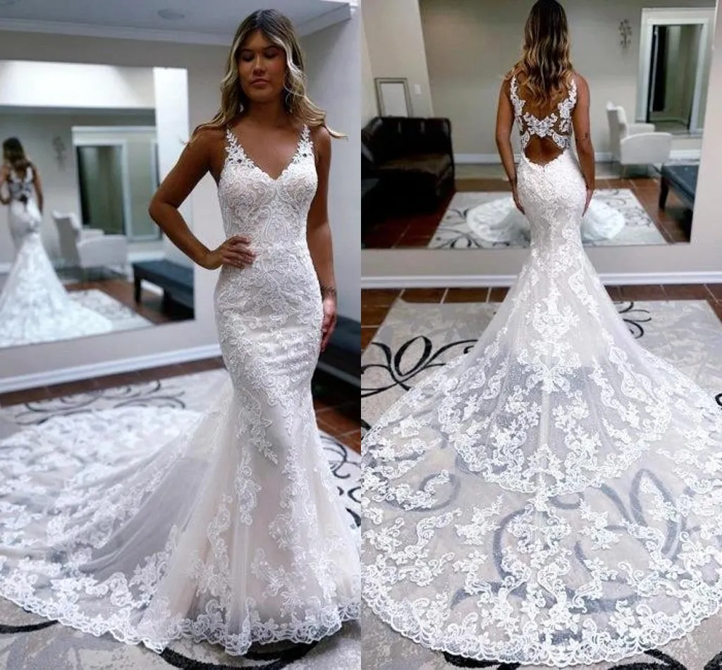 Sexy Backless Lace Wedding Dresses New Mermaid V Neck Appliques Ruched Long Bridal Gowns Robes De Mariage Custom Made BC