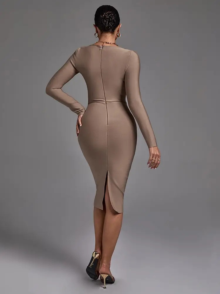 Khaki Long Sleeve Bandage Dress Women Bandage Dress Bodycon High Quality Elegant Sexy Evening Club Party Dress 240126