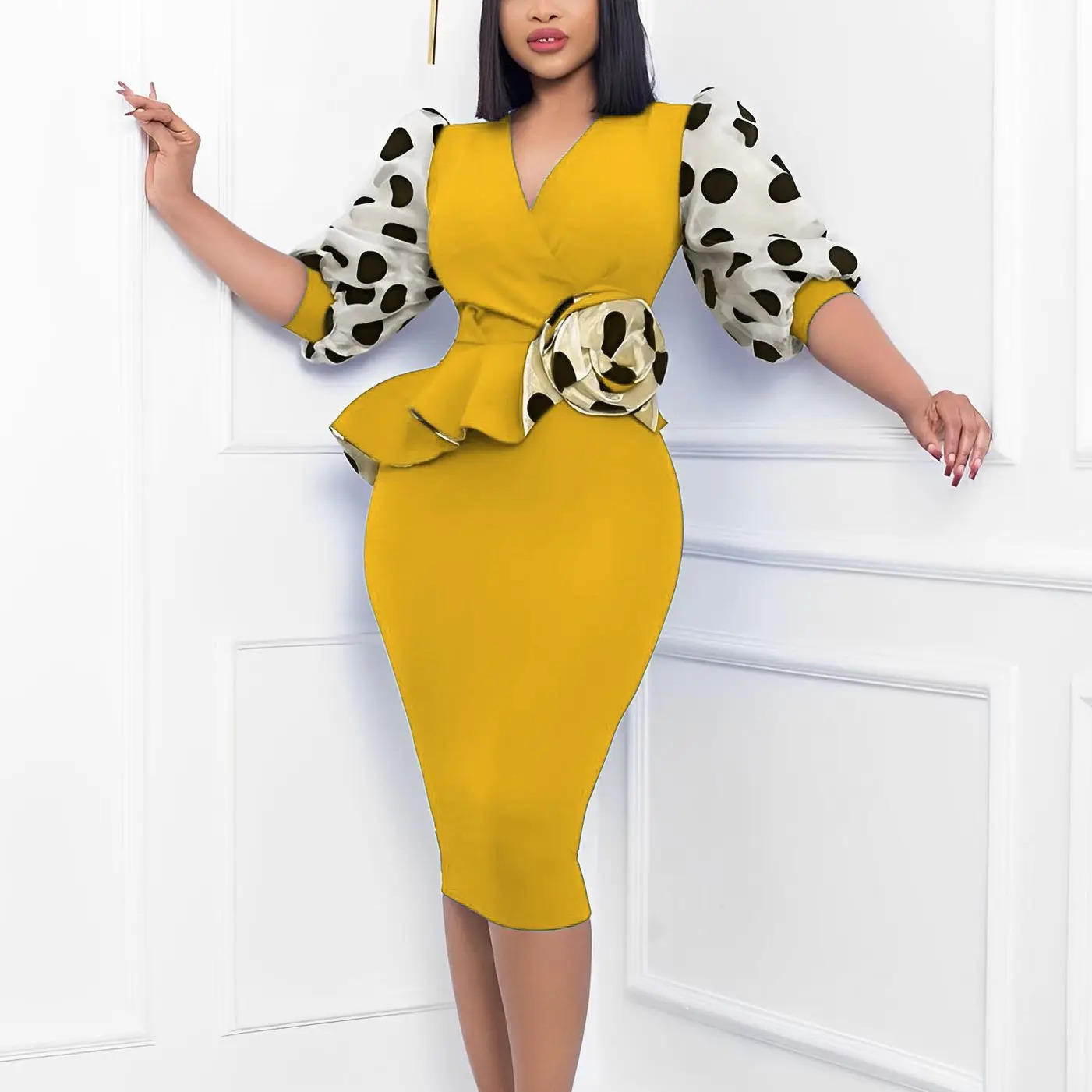 Fashion Polka Dot Bodycon Midi Dress Women Elegant Mesh Puff Sleeve Ruffles High Waist Slim Office Party Dresses Female Clothes 240126