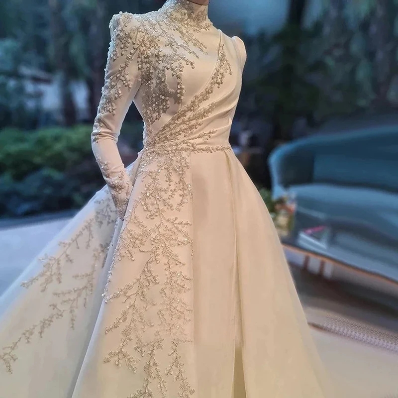 Elegant Muslim Wedding Dress For Women Applique High Neck Embroidery Beads A-Line Satin Birde Formal Gowns Vestido De Novia Robe De Mariage