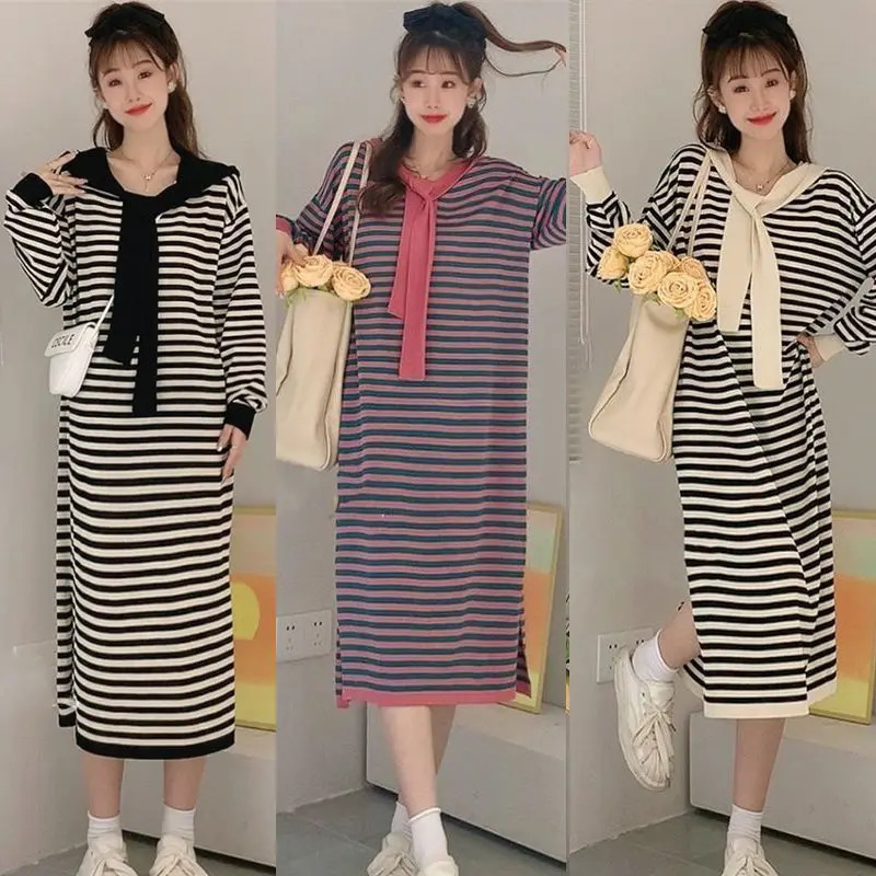 Women's Clothing Simplicity Printing Striped Fashion Loose Casual Temperament Sweet Long Sleeve Pullovers Office Lady Dresses 240126