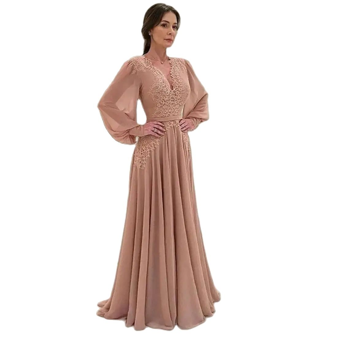 Elegant Mother Of The Bride Dress Chiffon Lace V Neck Long Sleeve Mother's Dress With Belt For Marriage Bride Gowns