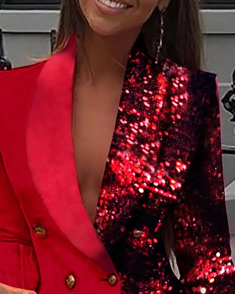 Women Office Dress Colorblock Patchwork Long Sleeve Blazer Dress V Neck Sequins Double Breasted Blazer Dress