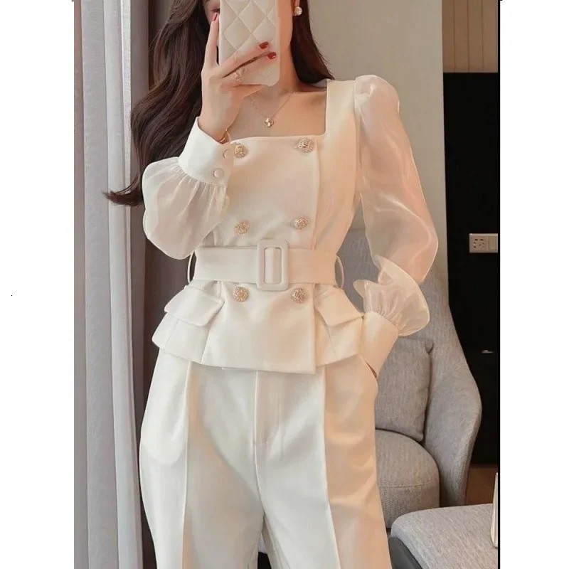 Womens 2 Pant Set White Two Pieces Sets Pants for Woman Wide Leg Party Trousers Suits Blazer and Outfits Classy Clothes 240127