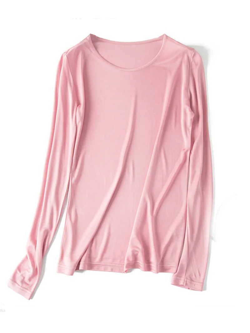 SuyaDream Women Basic Shirt Real Silk T shirts Solid Long sleeved O neck Healthy TOP Autumn Winter Wine 240118Z