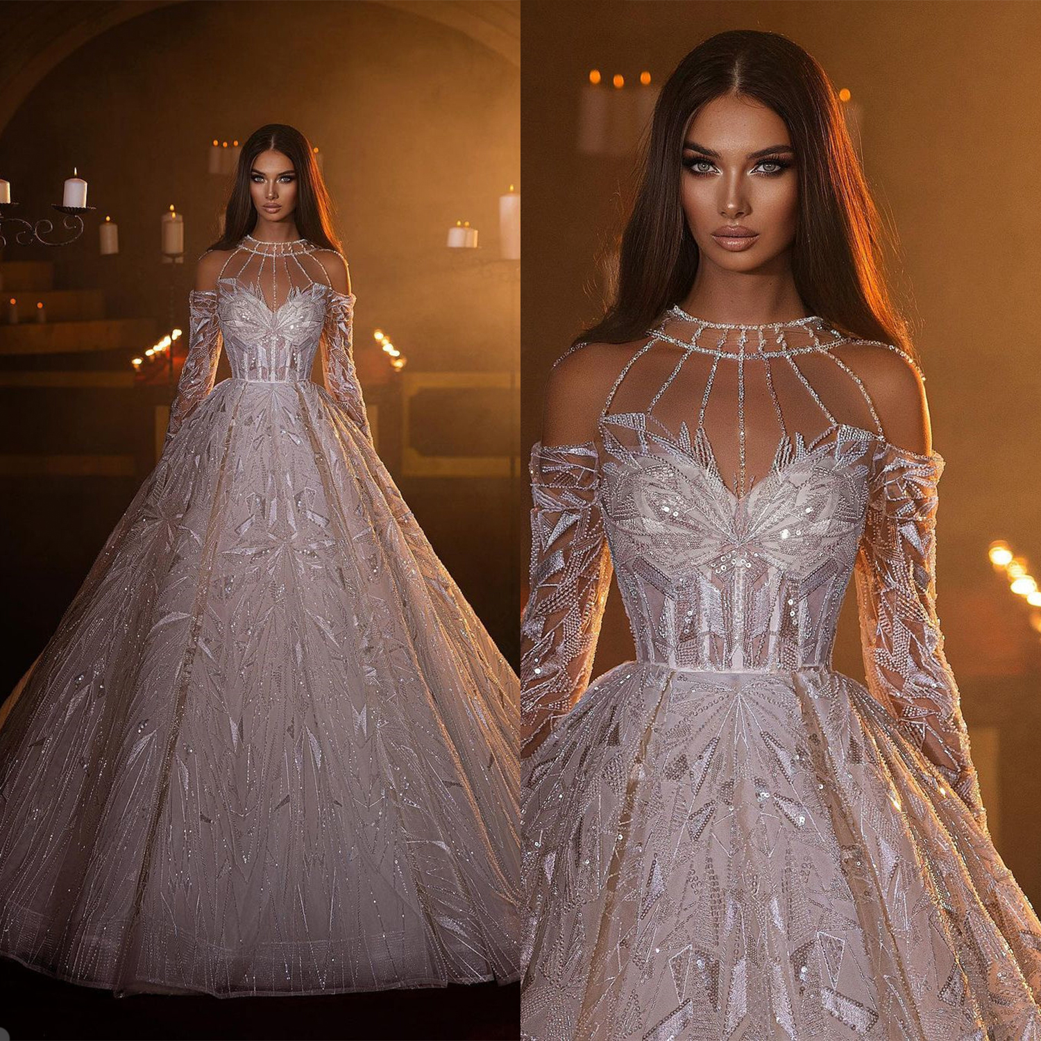 Wedding Lace Exquisite Sequins Beading Bridal Gowns A E Long Sleeve Shiny Bride Dresses Custom Made Plus Size