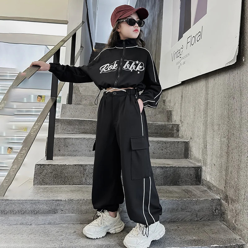 Kids Girl Fashion Streetwear Dance Clothes Set Short Zipper Coat Pants Sets Tracksuits Teen Clothing 3 5 7 9 11 13 15 Years Old 240131