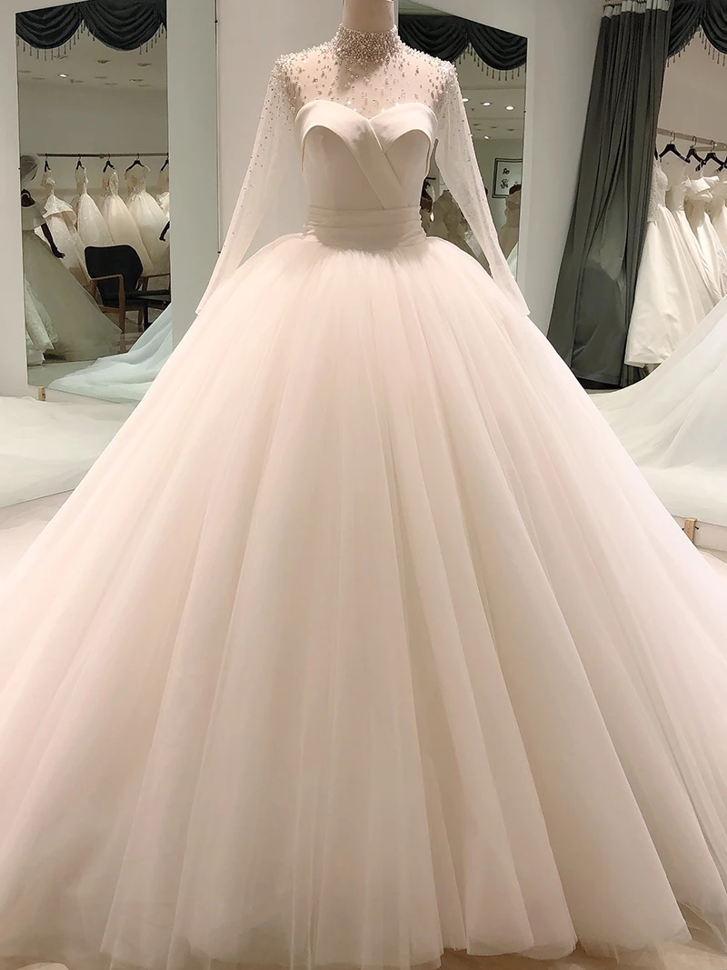 Elegant Wedding Dress For Women High Neck Long Sleeve Beads A-Line Satin Birde Formal Gowns New Arrival Vestido De Novia Robe De Mariage