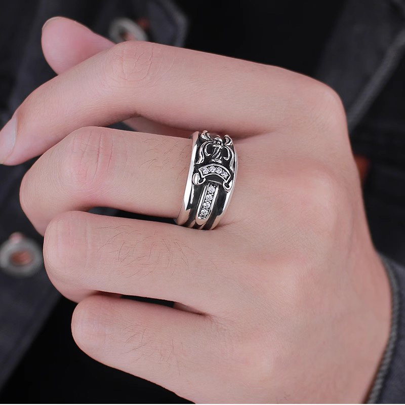 A176 S925 sterling silver ring gold-plated with diamond and holy sword dagger letter minimalist trend hip-hop retro couple jewelry Gifts for Lovers