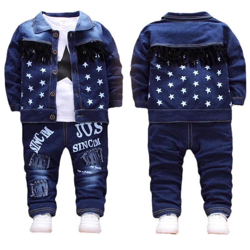 Cute Boys Denim Tracksuit Long Sleeve Children Clothing Leisure Kids Sport Tracksuit Fashion Star Printed Clothes 1-4 Years 240131