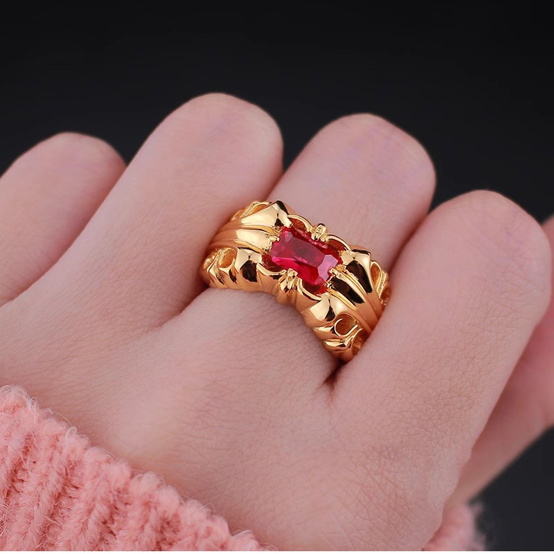 A175 S925 Sterling Silver Ring with Gold Plated red Diamonds and Cross Flower Letters, Simple and Trendy Hip Hop Retro Couple Jewelry Gifts for Lovers